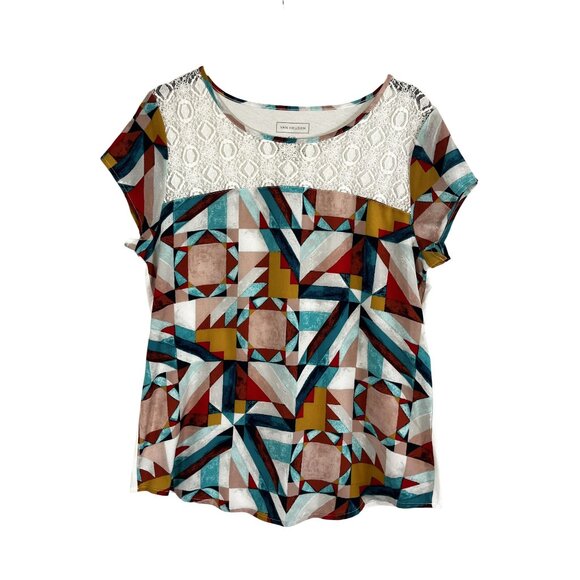 Van Heusen Tops - Colorful Retro Floral Lace Top Red S Funky Edgy Boho Patchwork Chic Preppy 80s